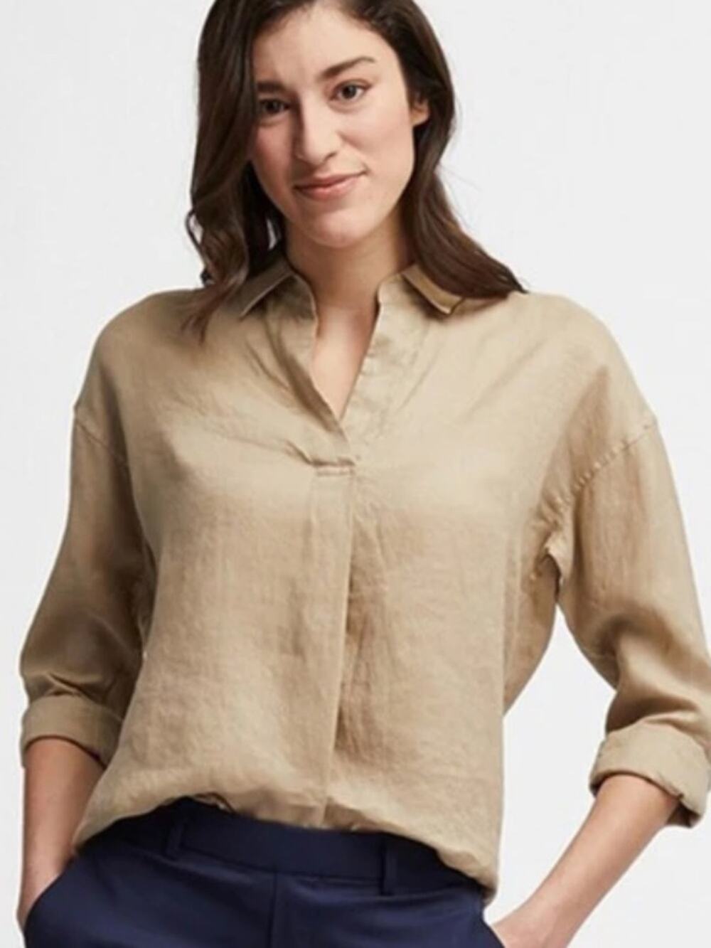 Uniqlo Khaki V-Neck Linen Blouse